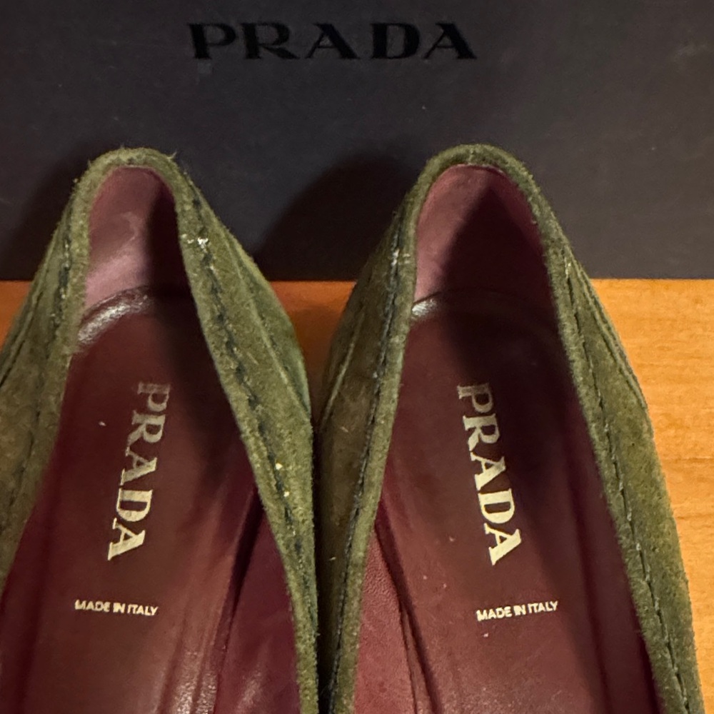 Prada Olive Green Suede Pointed-Toe Flats with Gold Buckle - Picture 4 of 5